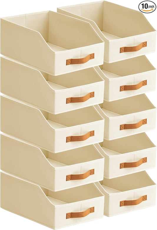 Homsorout Fabric Storage Bins for Organizing - 10 Pack Large Trapezoid Collapsible Storage Bins with Front Handle, Closet Organizers and Storage for Bedroom, Home Shelves, Small Spaces, Beige