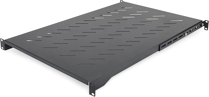 StarTech 1U 4-Post Vented Rack Shelf, 28-34.4in, 150lb (ADJSHELFV-Rack) | Adjustable depth 71.1-87.3cm, 150lb/68kg capacity, Cold-rolled steel, M5 hardware