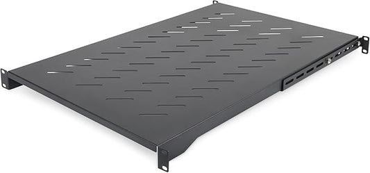 StarTech 1U 4-Post Vented Rack Shelf, 28-34.4in, 150lb (ADJSHELFV-Rack) | Adjustable depth 71.1-87.3cm, 150lb/68kg capacity, Cold-rolled steel, M5 hardware