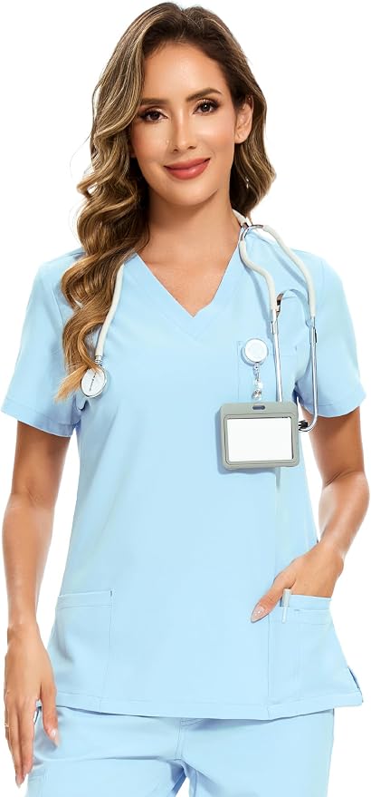Scrubs Tops for Woman - Soft Stretch, V-Neck Tops | 3 Pockets, Side Split Design, Short Sleeve, Breathable & Lightweight Nursing Shirt, Easy-Care Fabric for All-Day Comfort