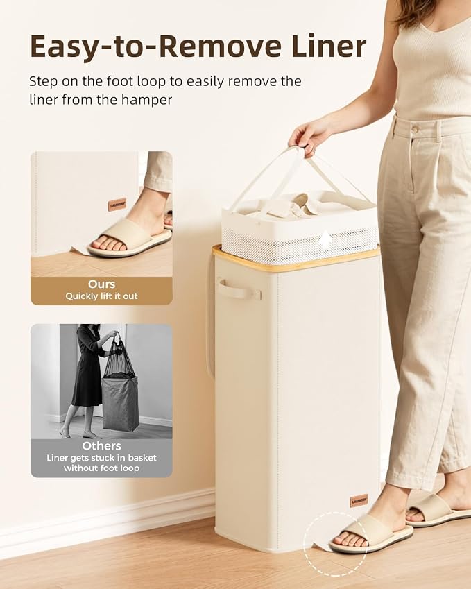 100L Laundry Hamper with Lid, Large Hamper for Clothes, Off White | Elegant bamboo appearance, Foot Loop, Removable Bag Easy to Lift and Carry, Bathroom, Bedroom, Laundry Room, Dorm