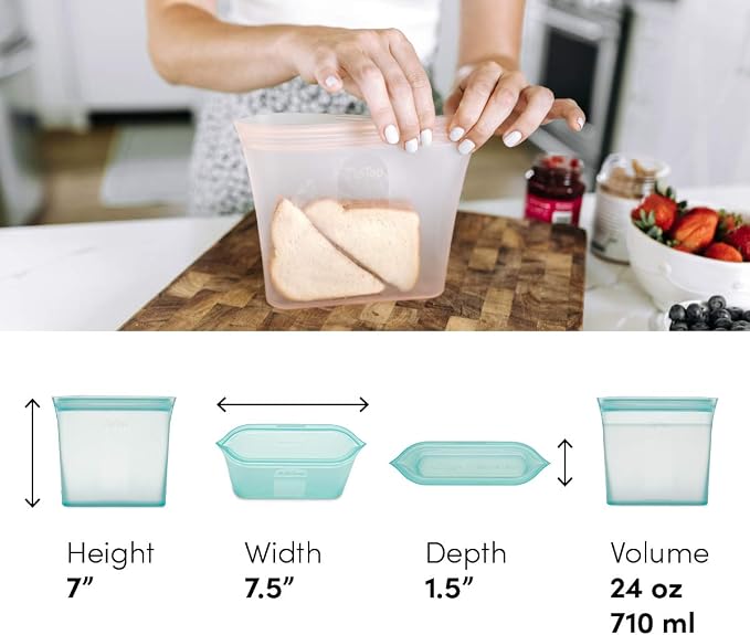 Zip Top Reusable Food Storage Bags | Sandwich Bag [Gray] | Silicone Meal Prep Container | Microwave, Dishwasher and Freezer Safe | Made in the USA