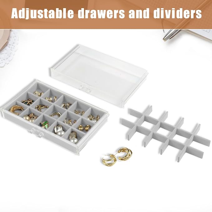 GUOER Earring Organizer, Acrylic Jewelry Box with 5 Drawers for Women, Grey | Clear Earring Holder Organizer Box, Stud Earring Ring Display Storage Case Large, Adjustable Velvet Trays Girls Gifts