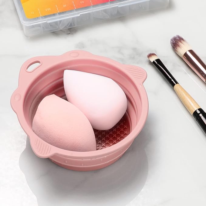 Foldable Silicone Makeup Brush Cleaner Bowl | Portable Cleaning Tool For Brushes, Powder Puffs, Sponges (Pink)