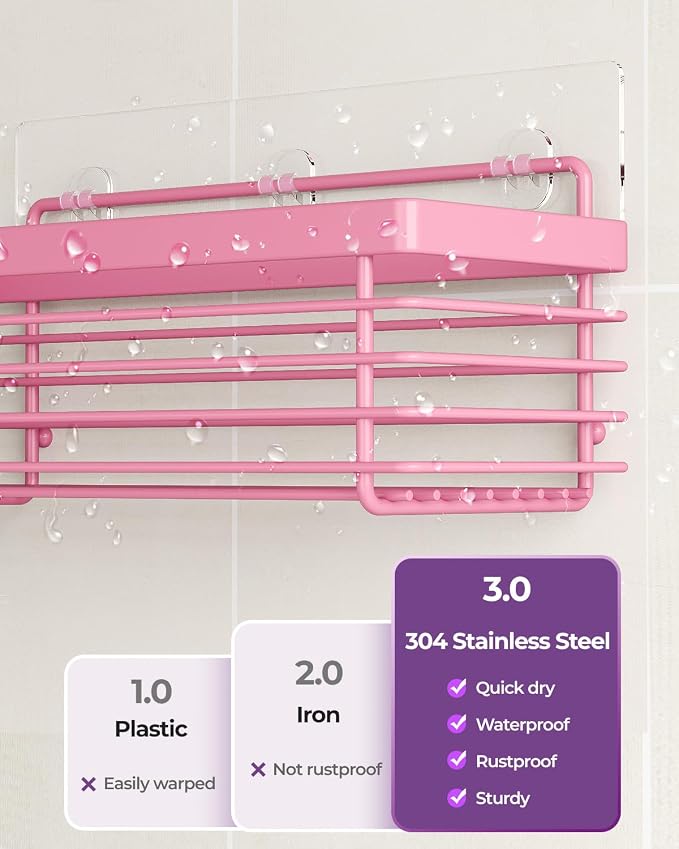 Shower Caddy Adhesive 3 Pack Stainless Steel Storage Organizers-Pink | No drilling wall mounted，rust-resistant,large capacity,quick drainage,easy to clean,suitable for bathrooms and kitchens