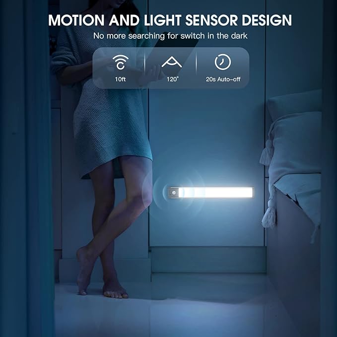 14.7inch Under Cabinet Lighting with 3 Color Temps, 2 Pack Rechargeable Motion Sensor Light Indoor, 5 Levels Dimmable Magnetic Closet Lights, Wireless Under Counter Lights for Kitchen, Stairs