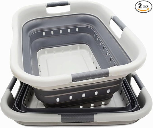 SAMMART 41L (10.8 gallon) Set of 2 Collapsible 3 Handled Plastic Laundry Basket-Foldable Pop Up Storage Container/Organizer-Space Saving Hamper/Basket (2, Grey/Dark Grey)