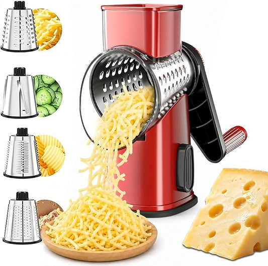VEKAYA Rotary Cheese Grater Hand Crank with 4 Interchangeable Stainless Steel Blades, Large Manual Handle Shredder and Waffle Slicer for Vegetables, Cheese and Nuts with Table Suction Base (Red)