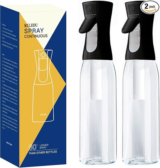 Fine Continously Mist Spray Bottle (10.1oz/300ml) for Body moisturizer Hair styling Cleaning Garden plant care etc.,Hair Mister Misting Continuous Mist Spray Bottle,2Pcs (Black+Black)