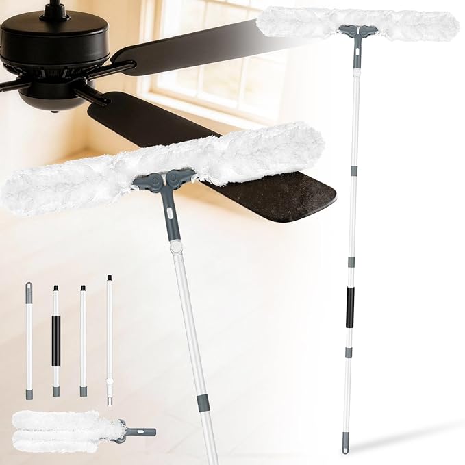 Microfiber Ceiling Fan Cleaner Duster with Extension Pole 59" | 360° Adjustable Head/ Washable/27.5 inch Wide Long Duster for Cleaning Ceiling Fan/High Ceiling/Wall/Blinds/Furniture/White
