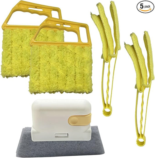 Craedli 5PCS Window Blind Cleaner Duster Tool Set, Washable Microfiber 7-Finger Dusting Brush & Track Cleaning Brush, Multi-Purpose Dust Removal Cleaning Tools for Blinds, Air Vents, Fans& Car(Yellow)