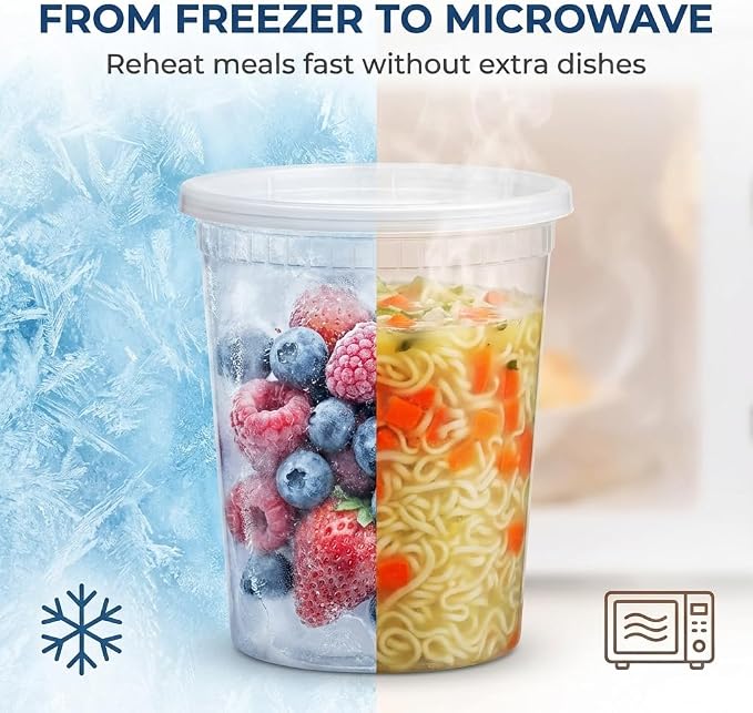 48 Sets Plastic Deli Containers with Lids - 8oz, 16oz Pint & 32oz Quart | Leak Proof, Microwaveable, Dishwasher & Freezer Safe - Plastic Food Storage, Meal Prep, Restaurant & Soup Containers