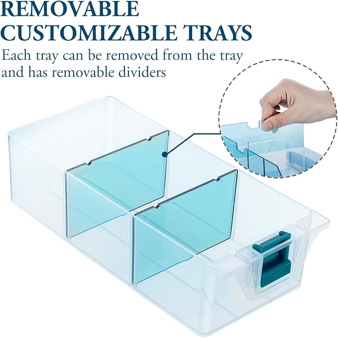 MyGift 11 Inch Clear Arts and Crafts Stackable Container, Sewing Supplies Storage Organizer Case with Blue Accents, 24 Customizable Compartments, and 6 Drawers with Removable Dividers