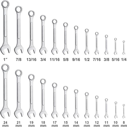 24-Piece All-Purpose Master Combination Wrench Set with Roll-up Pouch | SAE 1/4” to 1”, Metric 8mm to 24mm | Perfect for General Household, Garage, Auto Repairs, Car, Truck, Boat, and Travel Emergency