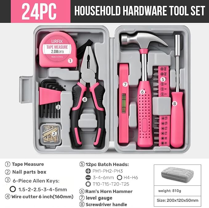 24PCS Mini Compact Pink Household Hardware Tool Set, Beginner Basic DIY Small Repair Tool Kit for Women, Home Assembly Mainten ance Hand Tools, Premium Gift Set for Household Daily Repairs ﻿