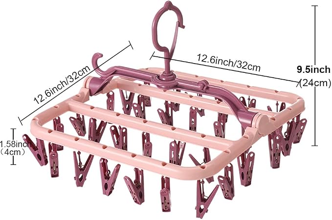 Foshine Clothes Drying Racks Foldable Clip Hangers Plastic with 32 Clips | Wind-Proof Hook Underwear Hanger For Socks Bras Pink