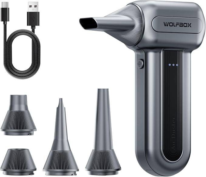 WOLFBOX MF60&MF70 Compressed Air Duster-110000RPM Super Power Electric Air Duster, 3-Speed Adjustable Rechargeable Cordless Air Blower with Fast Charging for PC Keyboard Cleaning, Car, Home (Gray)