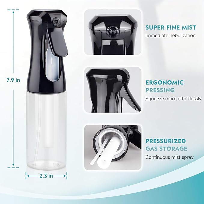 Continuous Spray Bottle, 6.8 OZ Hair Spray Bottles, Ultra-Fine Mister Spray Bottle for Hairstyling, Cleaning, Plants, Pets, Salons, and More (2 Pack)