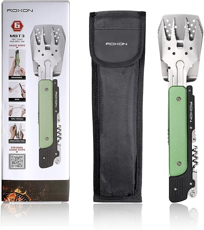 ROXON S601 6-in-1 Folding Grill Tool Set,14" BBQ Utensils for Camping Green | Includes Fork, Spatula, Knife, Tongs, Bottle Opener & Corkscrew. LFGB Certified, Dishwasher-Safe, Portable for Outdoor BBQ
