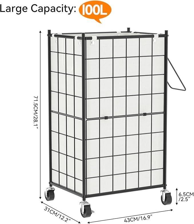 WOWLIVE Rolling Laundry Basket, Metal Wire Frame Laundry Hamper with Wheels | Hamper with Removable Bag, 100L Dirty Clothes Hamper Organizer Dorm Room Storage for Bedroom, Bathroom, Black and White