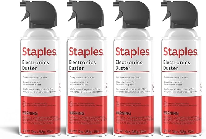 Staples Compressed Air Duster – 10 oz. Cans for Electronics, Keyboards & Office Devices, 4‑Pack | Blasts dust from keyboards, laptops, vents and hard-to-reach gear. 4 cans per pack.