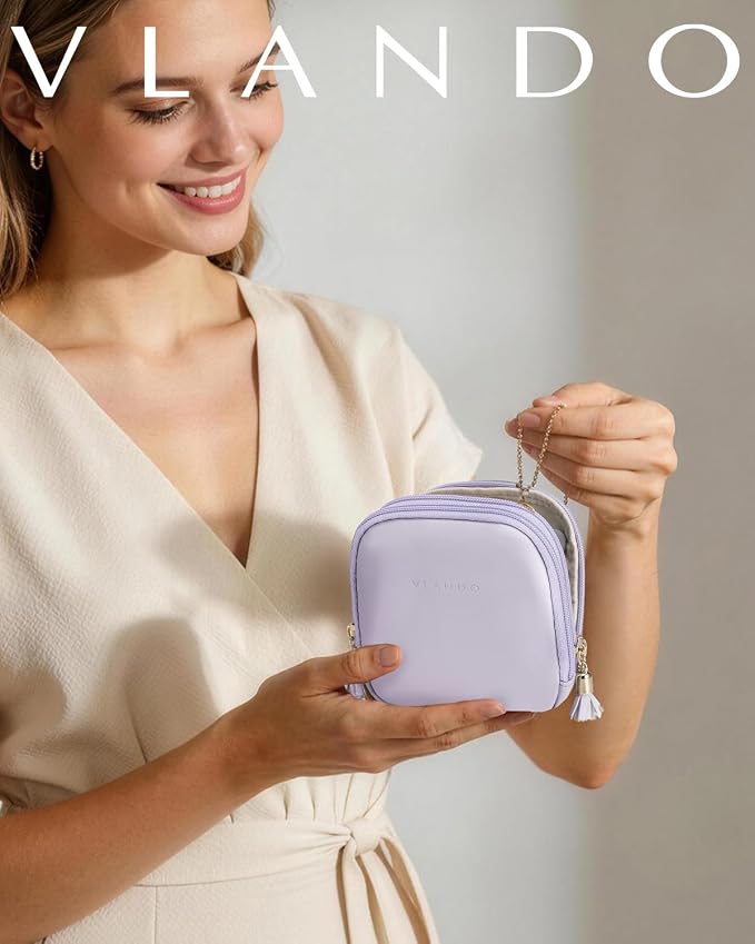 VLANDO 2-Layer Jewelry Organizer for Travel,Rings,Earrings,Necklaces | Compact Faux Leather Case with Layered Storage,Designed for Small Jewelry,Vanity Tables,Everyday Carry,Light Purple
