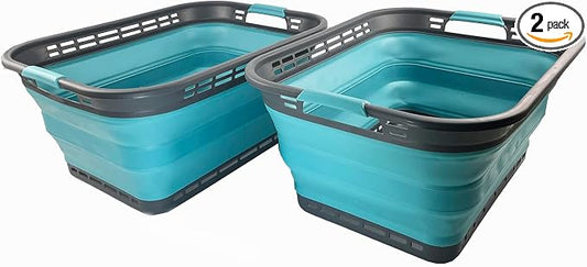 SAMMART 42L (11 Galloons) Collapsible Plastic Laundry Basket - Foldable Pop Up Storage Container/Organizer - Portable Washing Tub - Space Saving Hamper/Basket[BPA Free] (Grey/Crystal Blue (Set of 2))