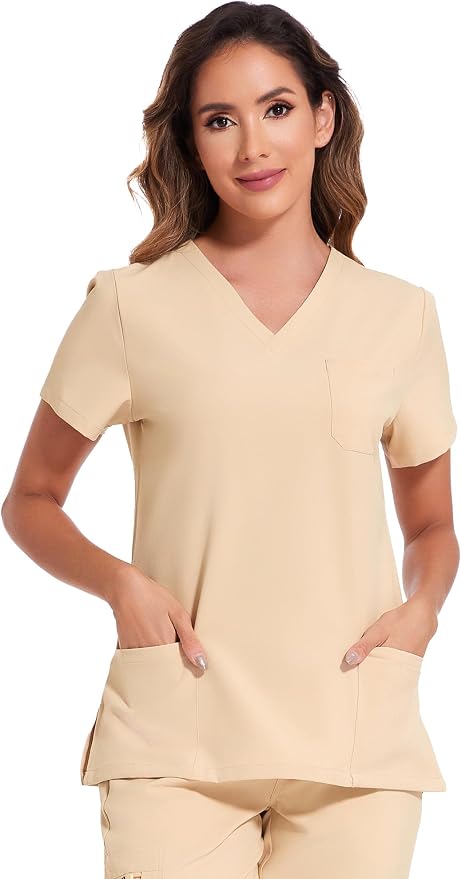Scrubs Tops for Woman - Soft Stretch, V-Neck Tops | 3 Pockets, Side Split Design, Short Sleeve, Breathable & Lightweight Nursing Shirt, Easy-Care Fabric for All-Day Comfort