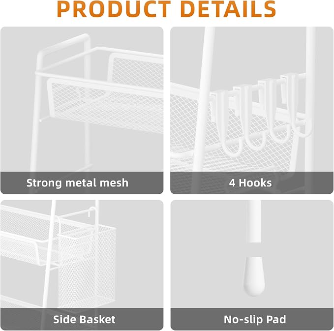 VITVITI 3-Tier Bathroom Organizer Countertop, Metal Wire Mesh Bathroom Counter Organizer Storage with Basket Hooks, Vanity Tray Shelf, Kitchen Spice Rack (White)