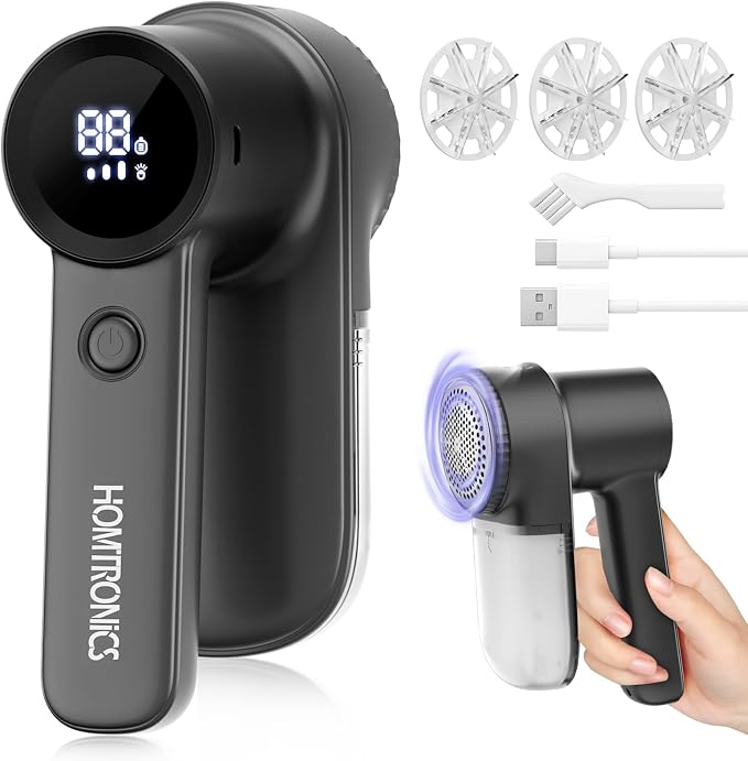 Rechargeable Lint Shaver, Lint Remover with LED Light,3 Extra Blades | 3-Speeds Sweater Shaver with LED Display, Electric Fabric Shaver for Clothing & Furniture, Type-C Fast Charging Port - Black