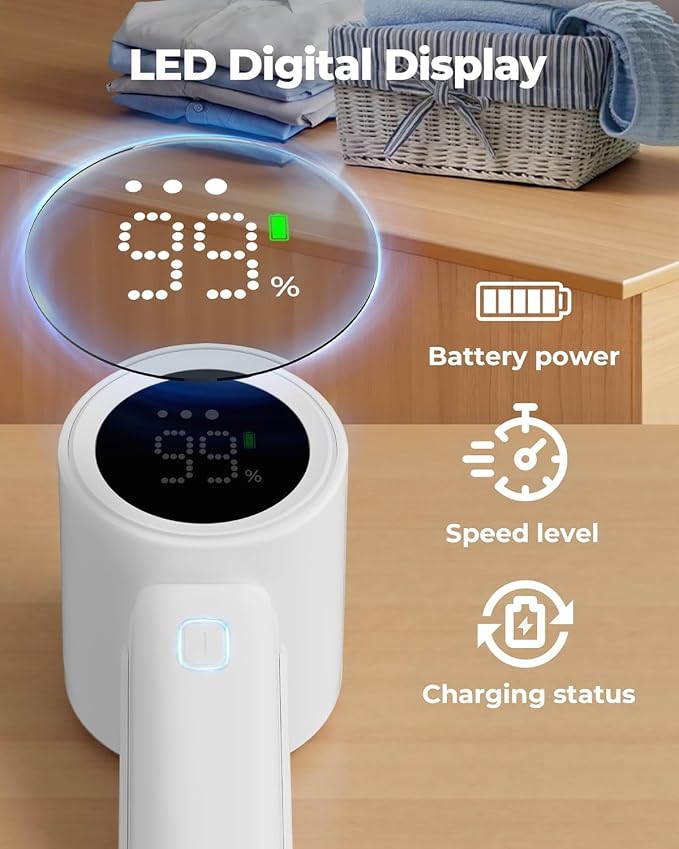 Fabric Shaver, Electric Lint Remover, Sweater Shavers to Remove Pilling with 3 Speeds, 6 Leaf Blade, LED Display & Type-C Rechargeable, Removes Fuzz, Pills for Clothes, Couch, Furniture
