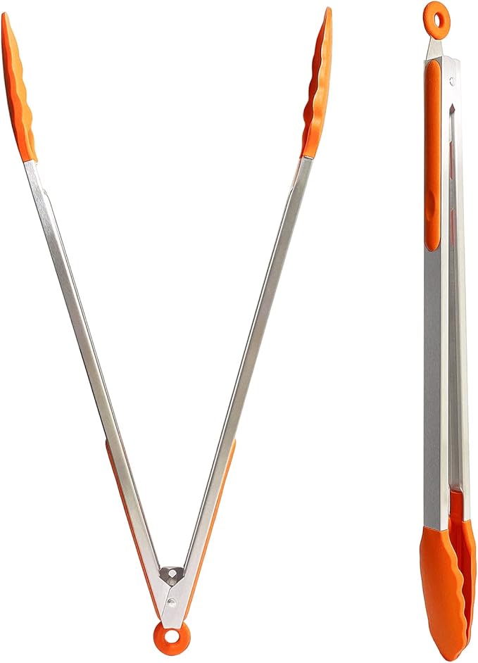 18 inch Extra Long Grill Tongs (2 pcs orange), with Silicone Tip Head, Stainless Steel Barbecue Tongs with Long Handle, Large Sized Food Tong, Extended Serving Tong