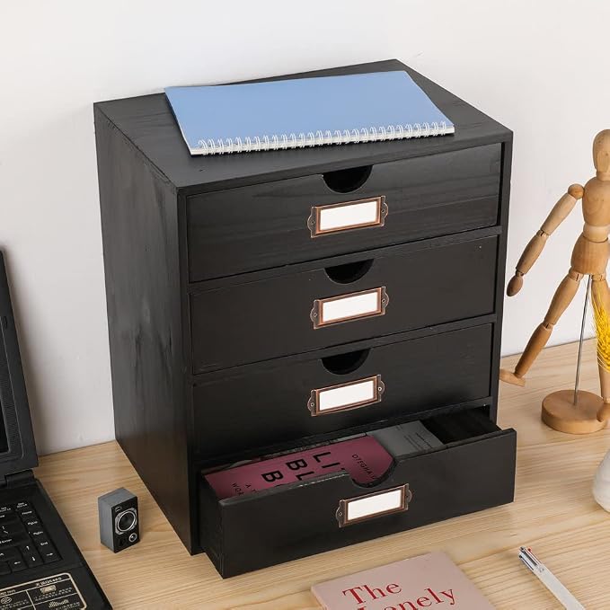 Large Wooden Drawers Wooden Box with Drawer Black | 4 Drawer Storage Box for Apothecary Cabinet, Apothecary Drawers，Desktop Organizer with Metal Handles for Office，Home