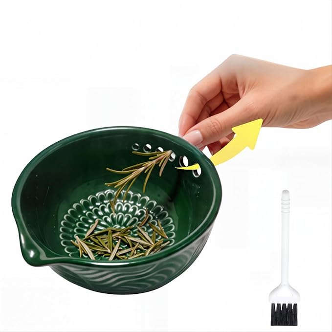 3-in-1 Ceramic Grater Bowl,Garlic Ginger Grinder with Herb Stripper | Cleaning brush included | Enhanced grinding texture | Multiple stripping holes | Dishwasher safe | Less mess food prep