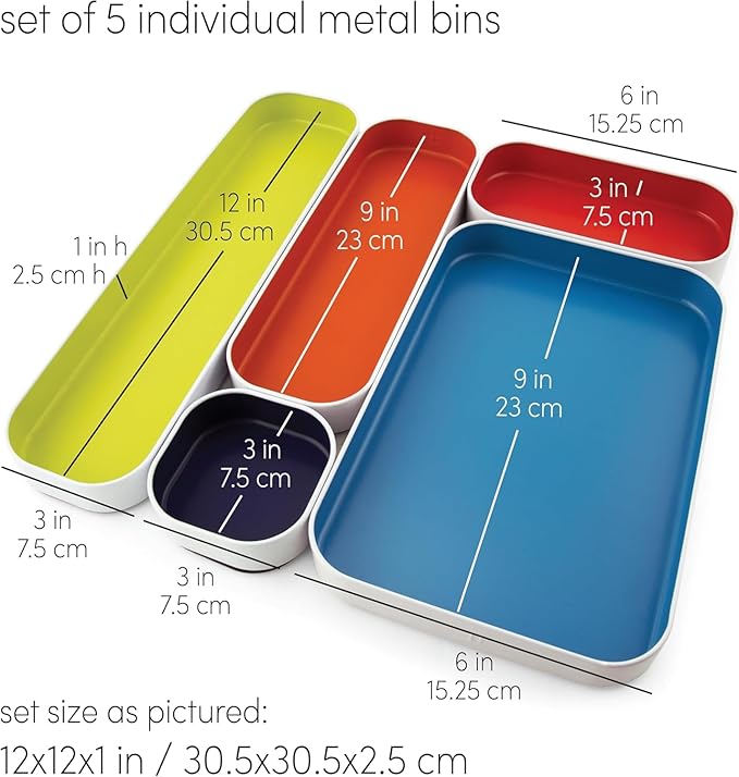 Three by Three Seattle Metal Drawer Organizer Tray Set, 5-Pc, 1" (Assorted) | Colorful 1" metal bins; food-safe; soft non-scratch base; kitchen, bathroom, vanity, desk & office drawers