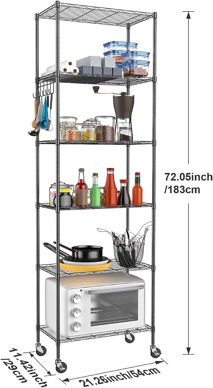 Homdox 6-Tier Storage Shelf Wire Shelving Unit Free Standing Rack Organization with Caster Wheels, Stainless Side Hooks, Black