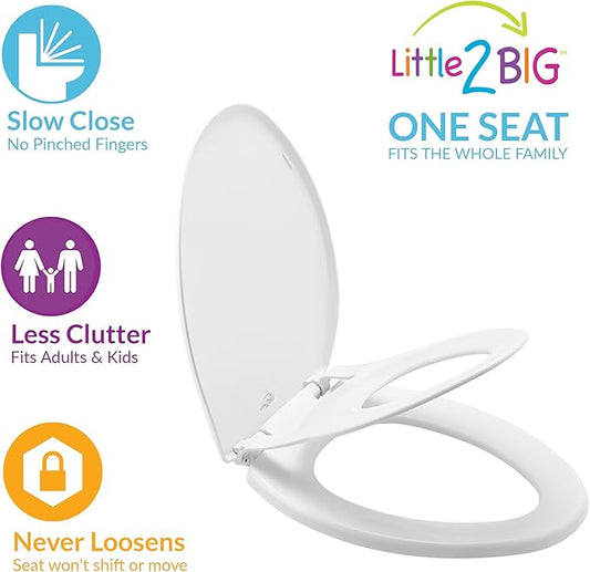 Little2Big Toilet Seat with Built-In Toddler Potty Training Seat, Slow Close, Easy to Install, Made in USA, ELONGATED, White