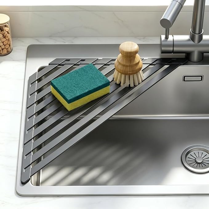 Sink Corner Drying Rack - Foldable Triangular Sink Sponge Holder, Dish Drying Rack Over the Sink, Kitchen Sink Accessories (Grey, 19.69" x 12.2")