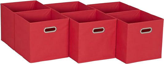 Household Essentials Foldable Fabric Storage Cubes 6-Pack – 11x11x11 Stackable Non-Woven Bins with Chipboard Sides & Grommet Handles – Closet, Shelf, Nursery, or Office Organizer – Regal Red