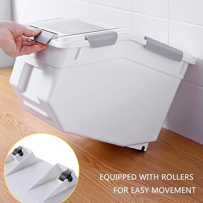 20Lb Food Storage Container with Scoop with Handle & Wheels, 2 Pack | Plastic Kitchen Pantry Organization for Rice Flour Pet Food Cereal Baking Supplies Dispenser Storage