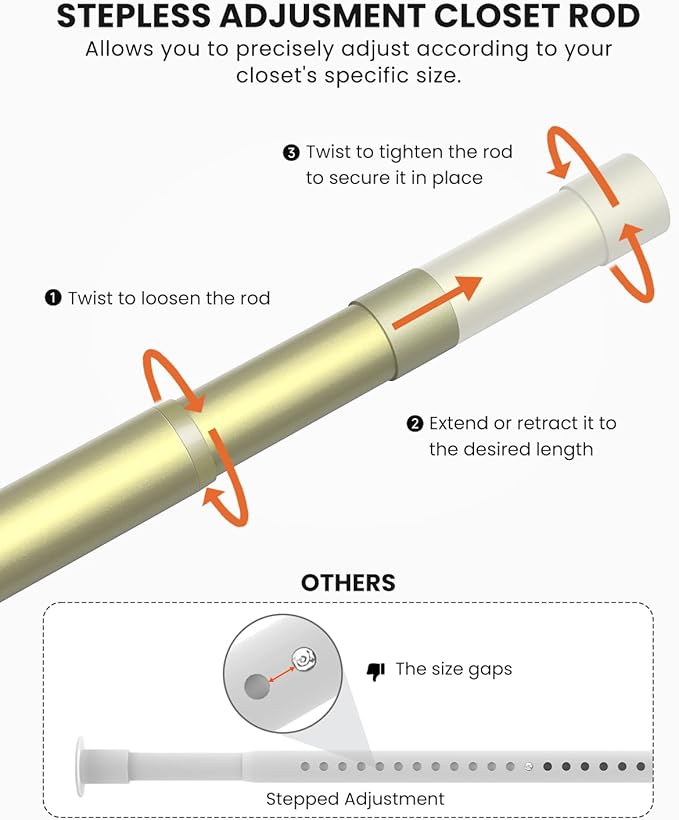 Supforce Closet Rods for Hanging Clothes, 17 to 69 Inches Stepless Adjustable Metal Closet Rod, 1.3 Inches Heavy Duty Clothes Hanging Rod for Closet Wardrobes Laundry RV, Verdant Gold