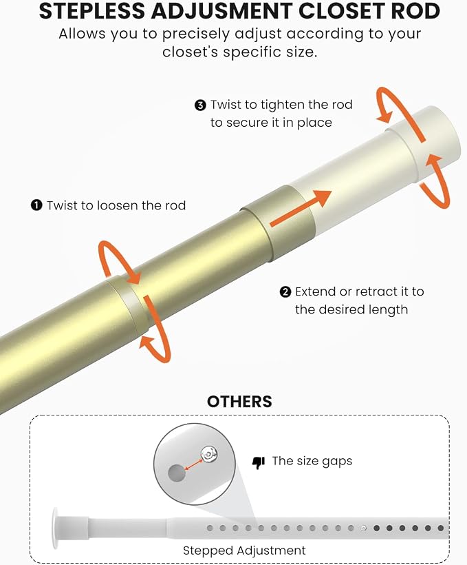 Supforce Closet Rods for Hanging Clothes, 17 to 84 Inches Stepless Adjustable Metal Closet Rod, 1.3 Inches Heavy Duty Clothes Hanging Rod for Closet Wardrobes Laundry RV, Verdant Gold
