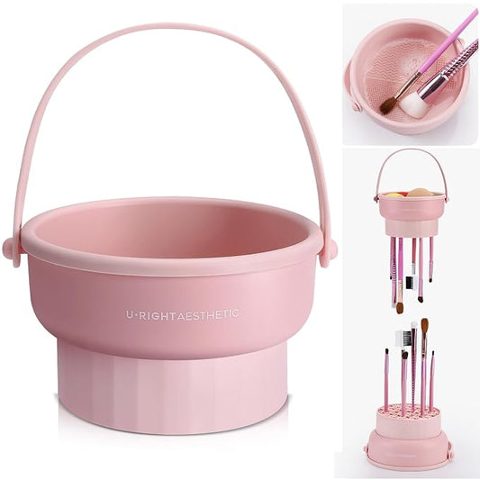 GOLIKEE Makeup Brush Cleaner Mat 3 in 1 Silicone Makeup Brush Cleaner Bowl Cosmetic Brushes Cleaning Tool Organizer for Storage and Air Drying (Pink)