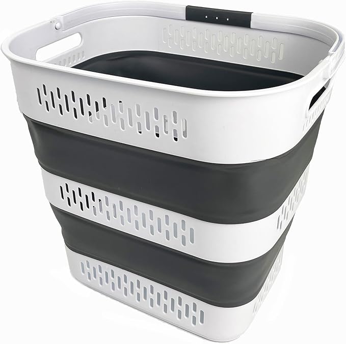 SAMMART 40L (10.5 Gallon) Collapsible Plastic Laundry Basket with Handles - Foldable Pop Up Storage Container/Organizer - Portable Laundry Hamper - Space Saving (1, White/Steel Grey)