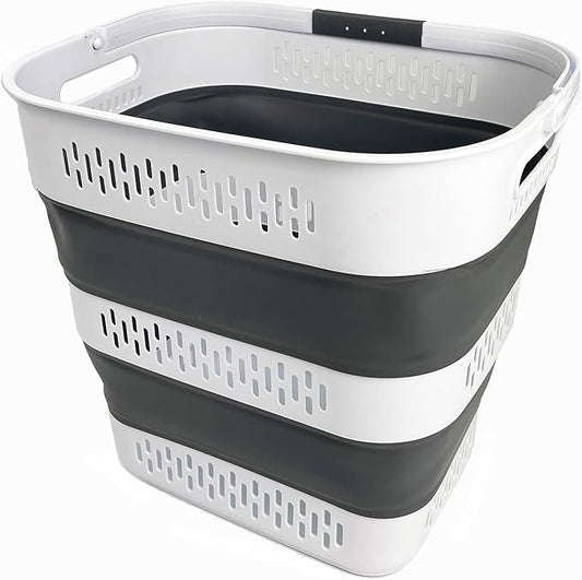 SAMMART 40L (10.5 Gallon) Collapsible Plastic Laundry Basket with Handles - Foldable Pop Up Storage Container/Organizer - Portable Laundry Hamper - Space Saving (1, White/Steel Grey)