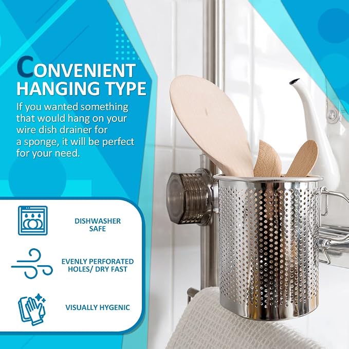 HOME&I Silverware Drying Basket for Dish Rack, Compact SUS 304 Stainless Steel Hanging Utensil Holder, Round Cutlery Caddy for Kitchen Sink & Countertop