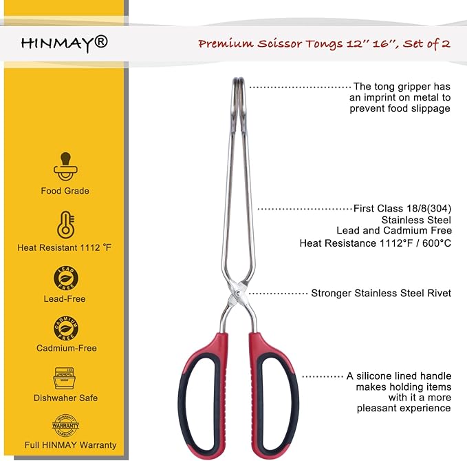 HINMAY 12" 16" Extra Long Stainless Steel Kitchen Tongs Set, Non-Slip Comfortable Red Grip, Scissor Design, Heat Resistant for Cooking Grilling and Serving