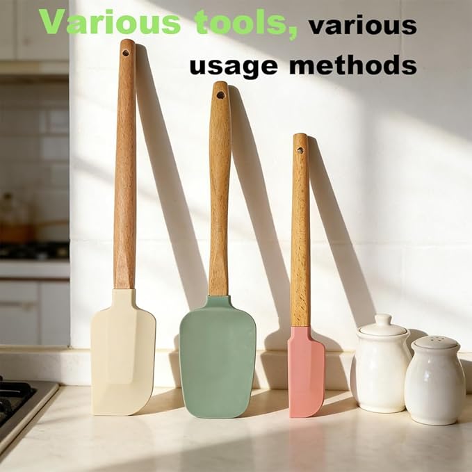 3PCS Heat Resistant Silicone Spatula Set, Silicone Spatula with Wooden Handle, Silicone Spatula Wooden Handle, Spatulas Silicone Heat Resistant Wood, Rubber Spatula for Baking Non-Stick Cooking Mixing
