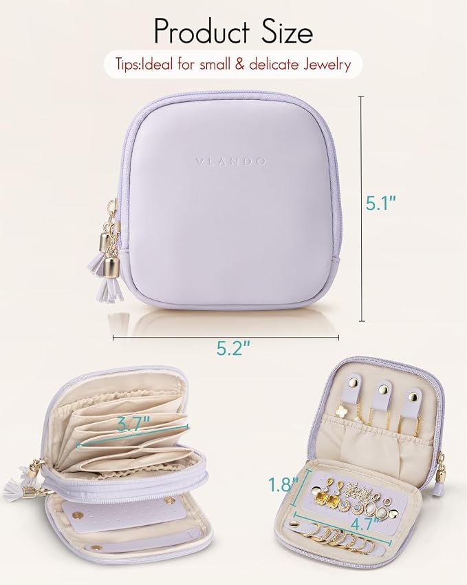 VLANDO 2-Layer Jewelry Organizer for Travel,Rings,Earrings,Necklaces | Compact Faux Leather Case with Layered Storage,Designed for Small Jewelry,Vanity Tables,Everyday Carry,Light Purple