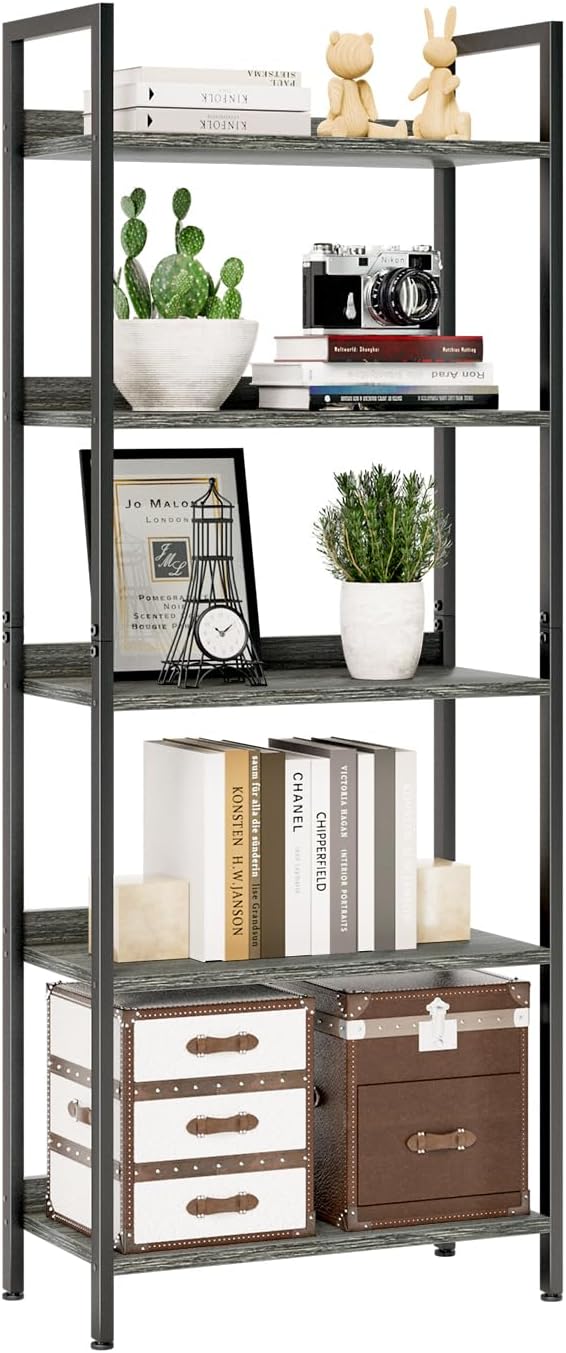 NUMENN Bookshelf, 5 Tier Freestanding Shelving Unit, Dark Grey | Metal Frame & Wood Shelves, Falling Prevention Baffle, Open Storage Bookcase for Bedroom, Living Room & Home Office